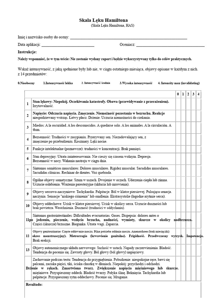 Format Skalowy Test Lęku Hamiltona LMSG 2016 | PDF