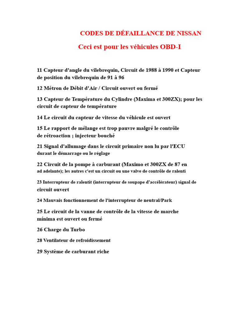 Codes de défaillance OBD pour Nissan | PDF | Allumage | Injection (moteur)