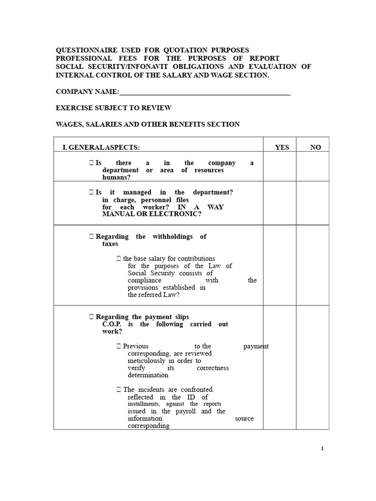 Salaries and Internal Control Questionnaire | PDF | Salary | Social ...