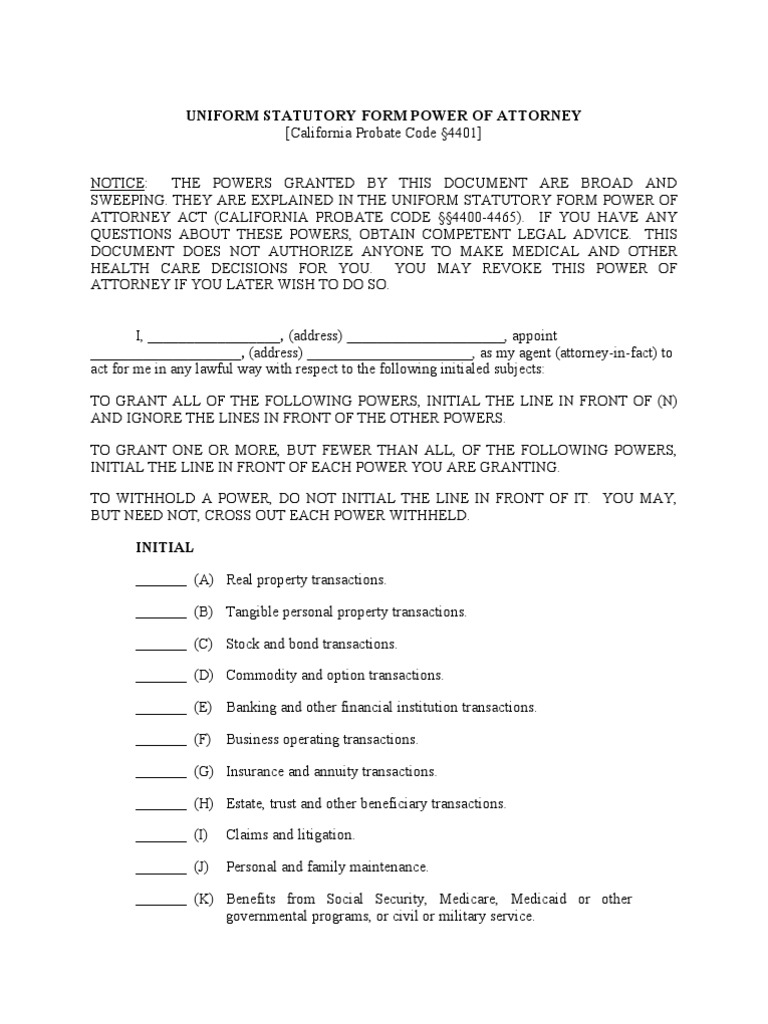 Uniform statutory power of attorney power of attorney law of agency
