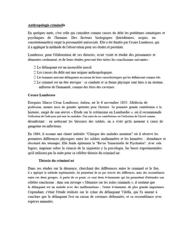 Anthropologie criminelle et Lombroso | PDF | Crimes | Crime et violence