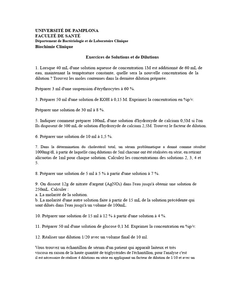 Exercices de Solutions et Dilutions en Biochimie | PDF | Concentration ...