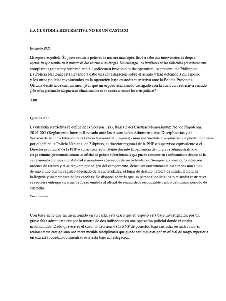 La Custodia Restrictiva No Es Un Castigo. | PDF | Policía | Gobierno