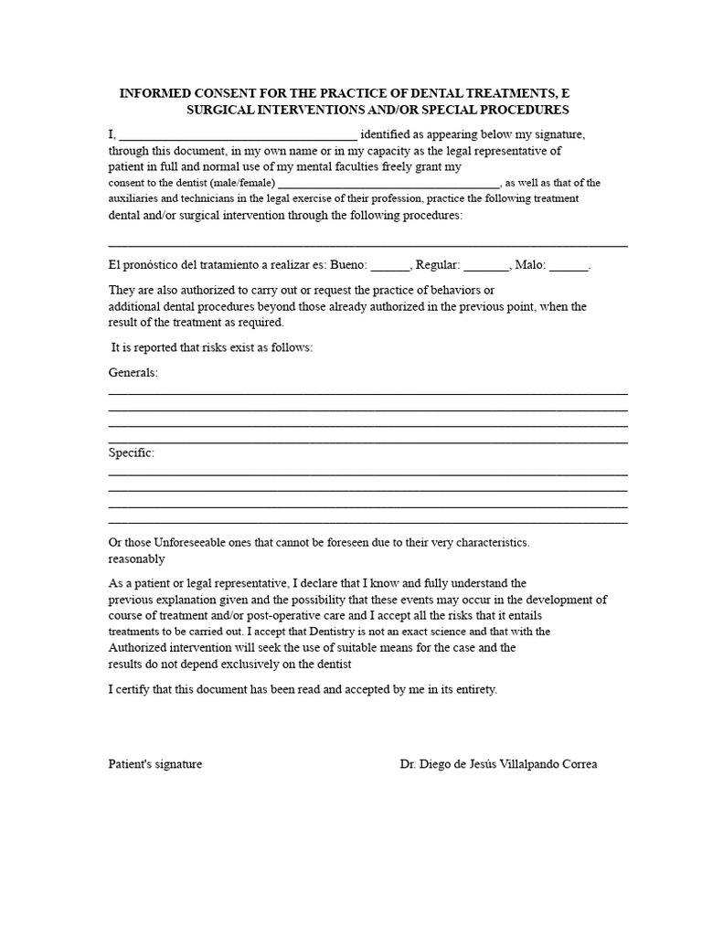Informed Consent For The Practice of Dental Treatments | PDF | Informed ...