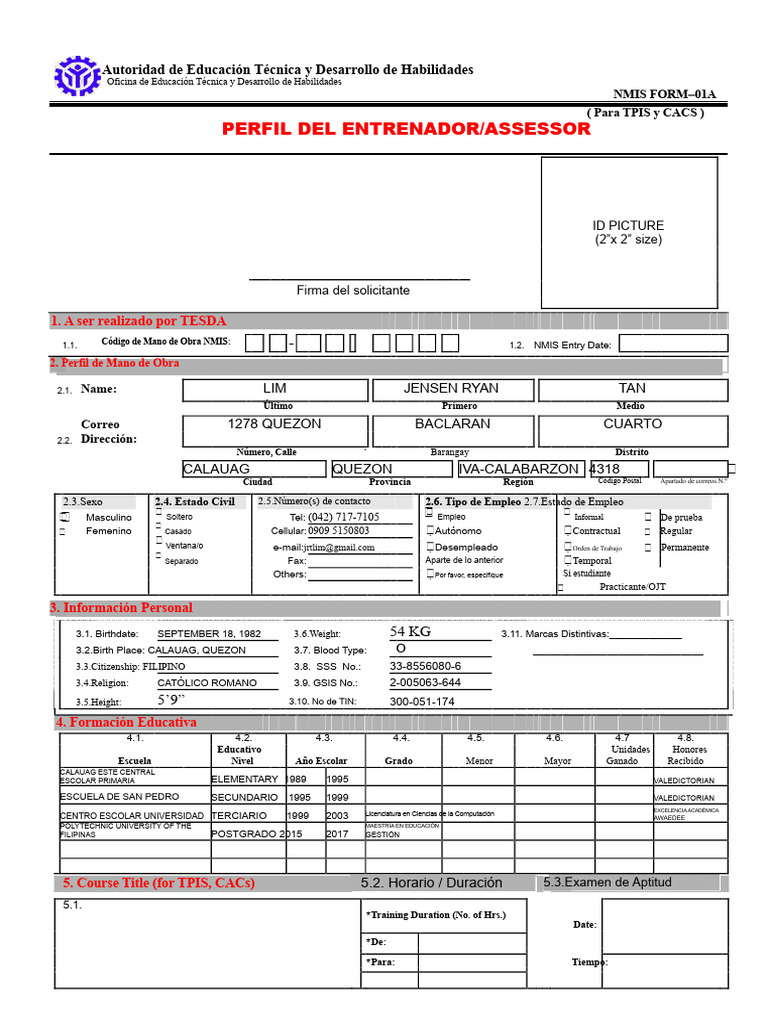 Perfil del Entrenador TESDA NMIS FORM-01A | PDF