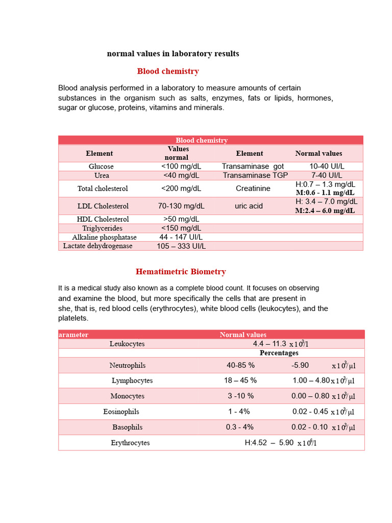 Normal Values in Laboratory Results | PDF | Medical Specialties ...