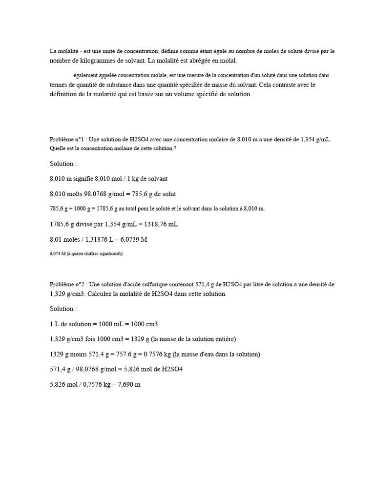 Calculs de molalité et molarité en chimie | PDF | Concentration molaire ...