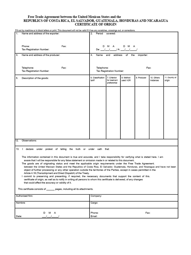 Certificate of Origin TLC TLC Unique Mexico-Central America PDF | PDF ...