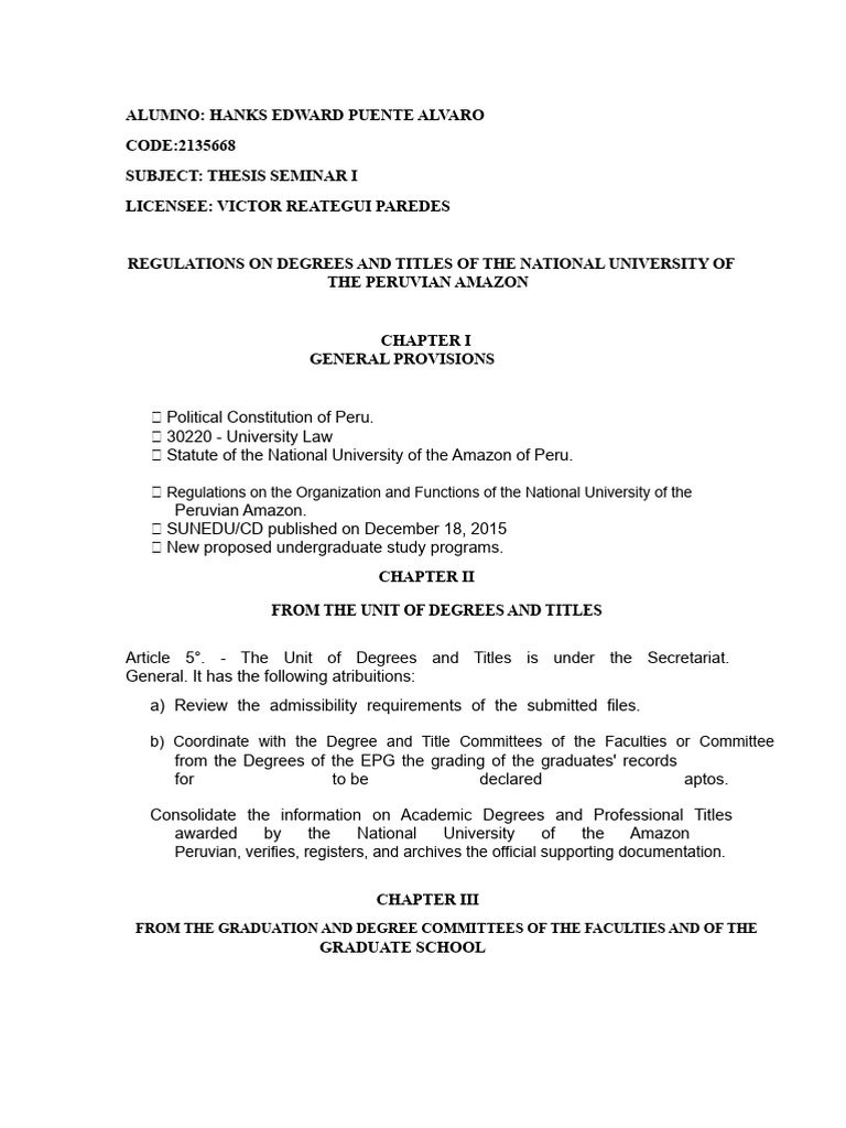 UNAP Degree and Title Regulations Guide | PDF | Thesis | Academic Degree