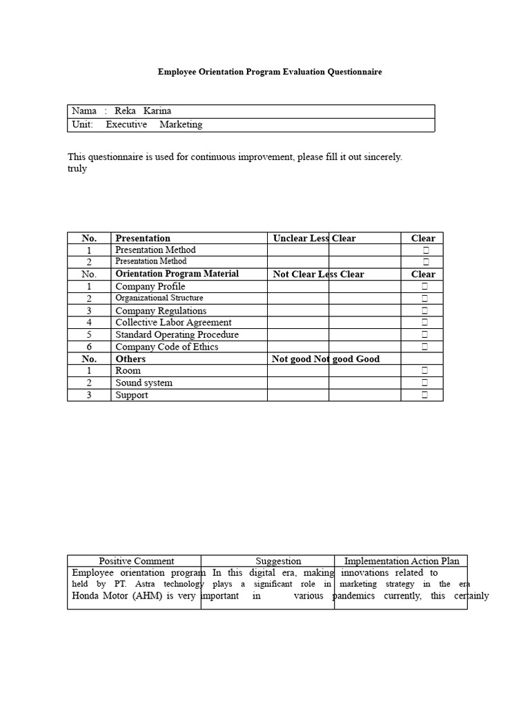 Employee Orientation Program Evaluation Questionnaire | PDF | Marketing ...