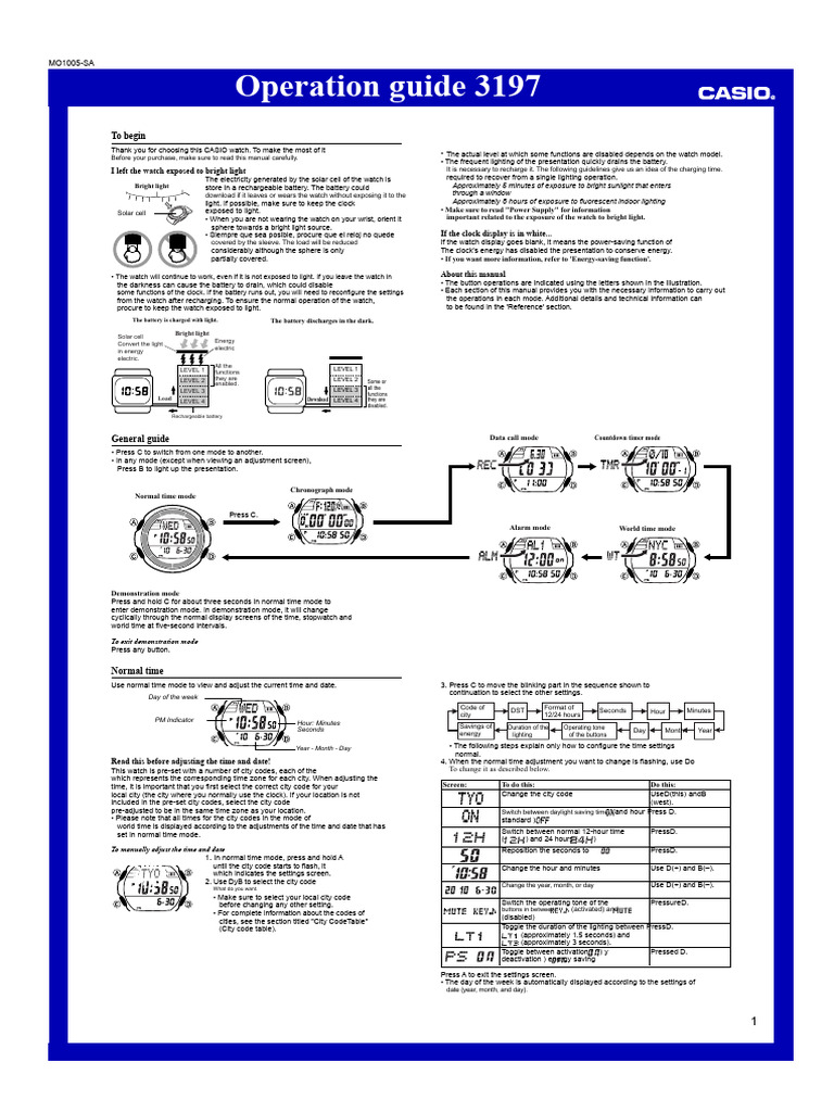 CASIO Watch Operation Guide MO1005-SA | PDF | Daylight Saving Time | Clock