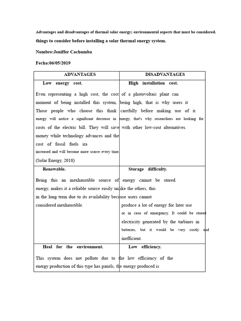 Pros and Cons of Thermal Solar Energy | PDF | Renewable Energy | Energy ...