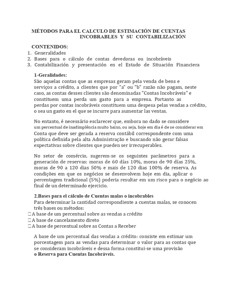 Cálculo e Contabilização de Contas Incobráveis | PDF | Juros | Desconto