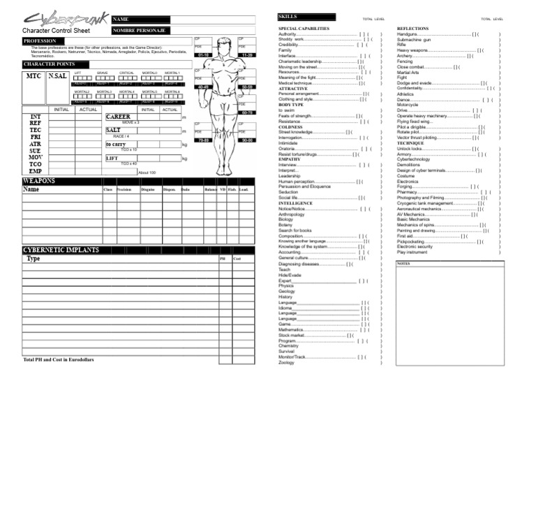Character Control Sheet for RPG Skills | PDF