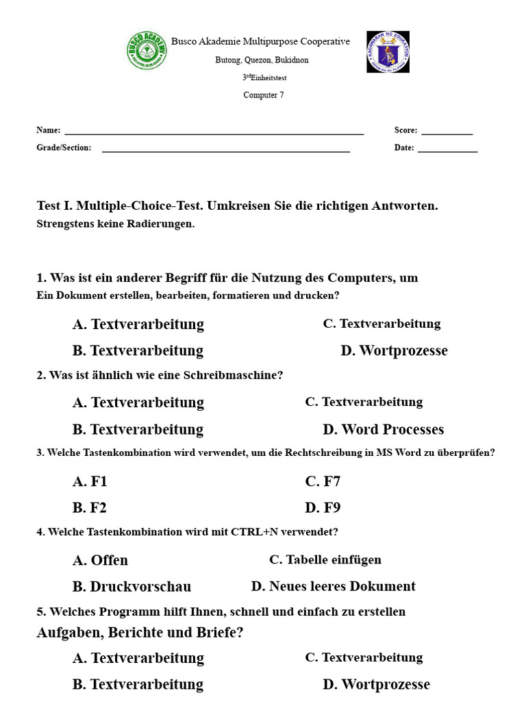 Klasse 7 3. Einheit Test | PDF