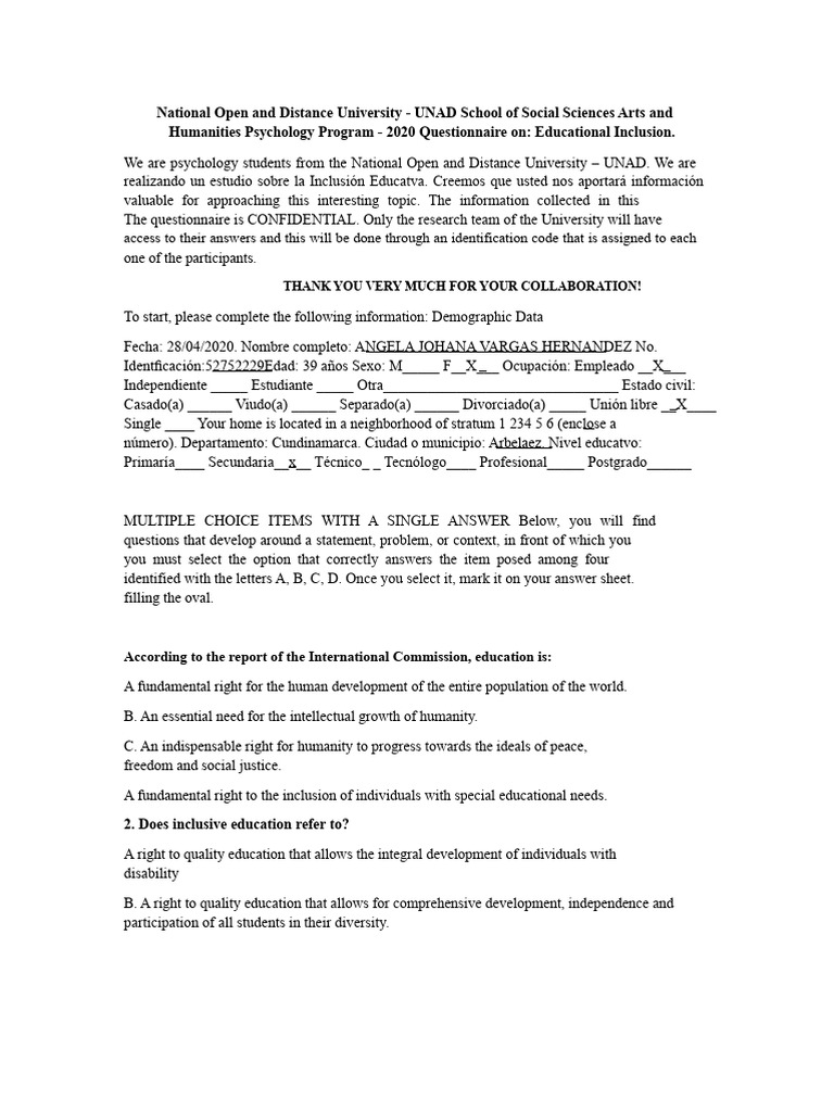 UNAD Educational Inclusion Questionnaire | PDF | Inclusion (Education ...