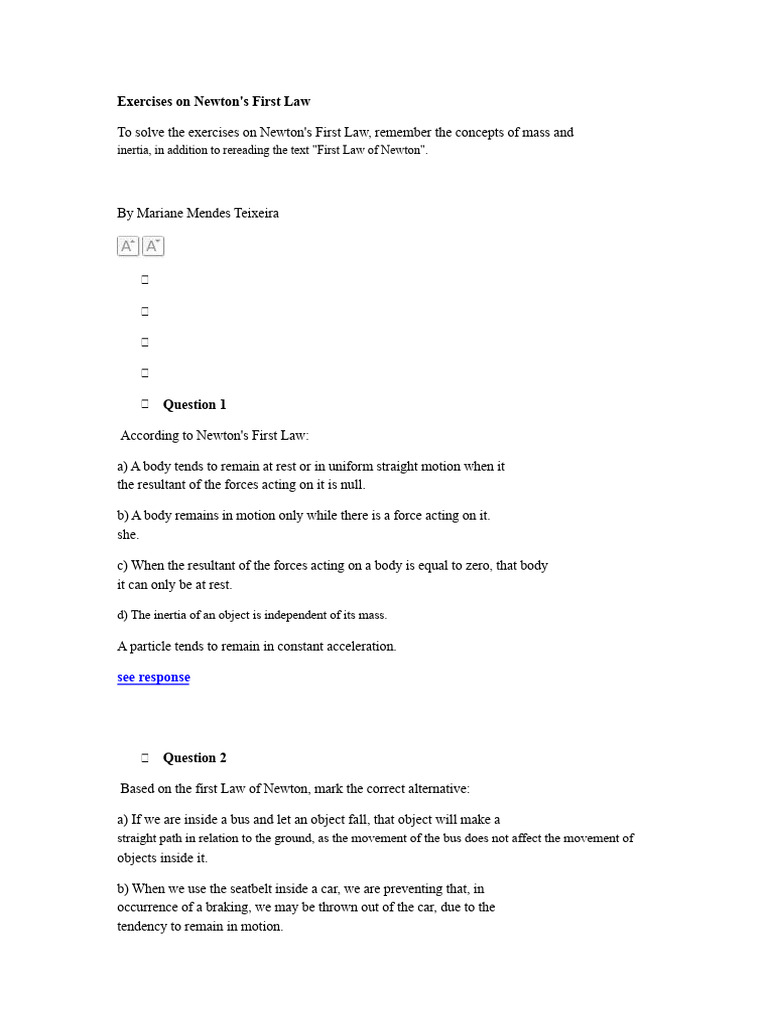 Exercises On Newton's First Law | PDF | Force | Newton's Laws Of Motion