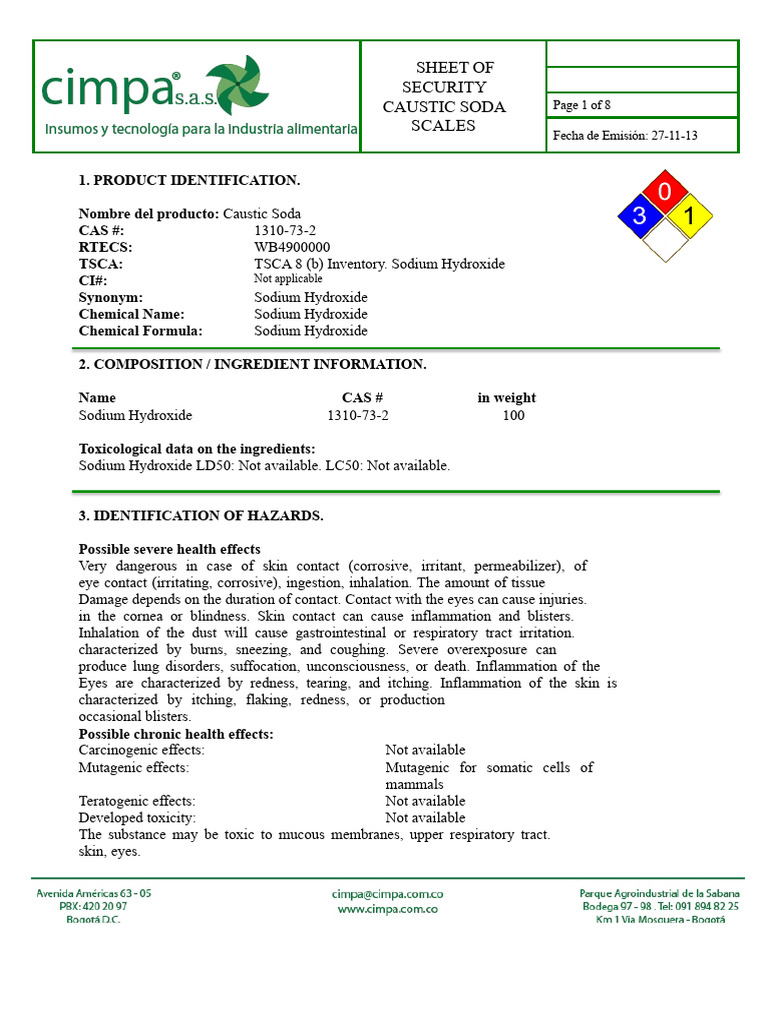 Safety Data Sheet for caustic soda flakes | PDF | Sodium Hydroxide | Acid