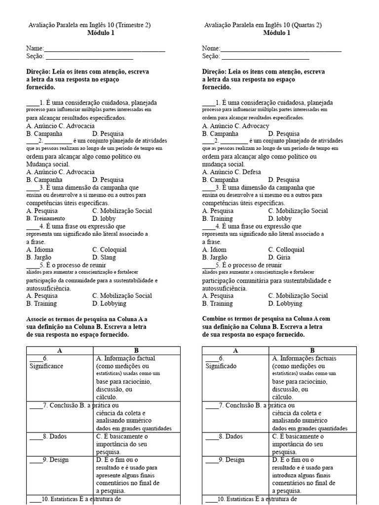 Avaliação de Inglês 10 - Trimestre 2 | PDF | Dados