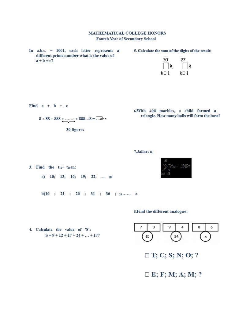 Math Honors Problems for High School | PDF