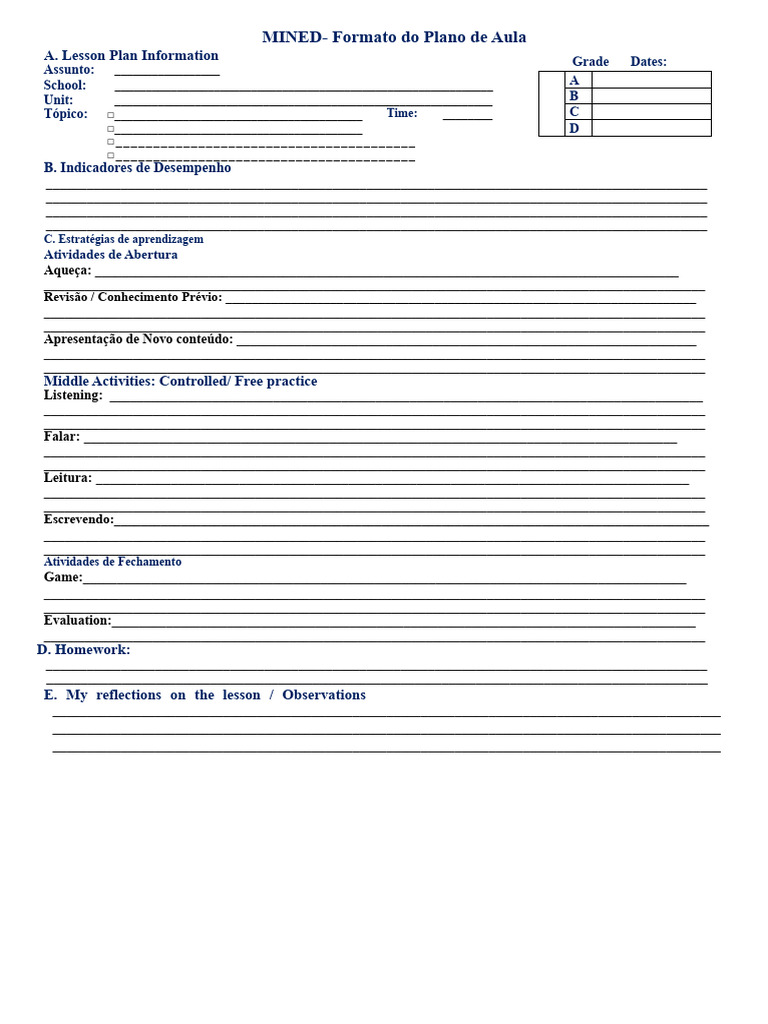 Formato de Plano de Aula Detalhado | PDF | Aprendizado | Ensino
