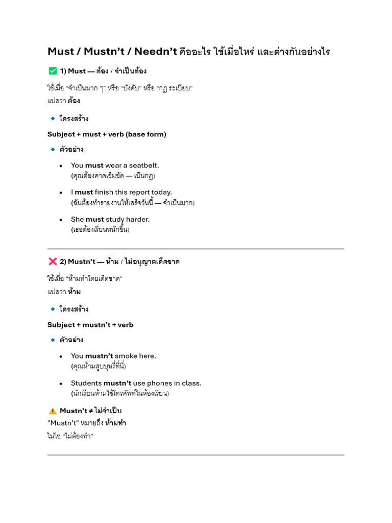 Must Mustn't Needn't คืออะไร ใช้เมื่อไหร่ และต่างกันอย่างไร | PDF