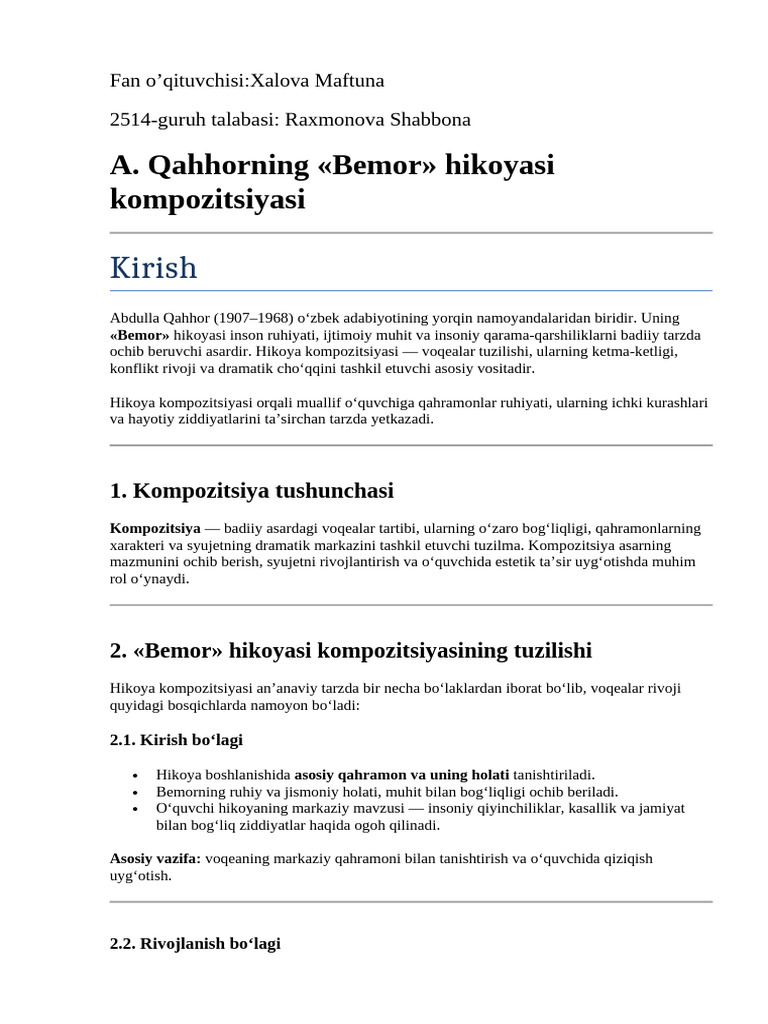 A.qahhorning Bemor Hikoyasi Kompozitsiyasi | PDF