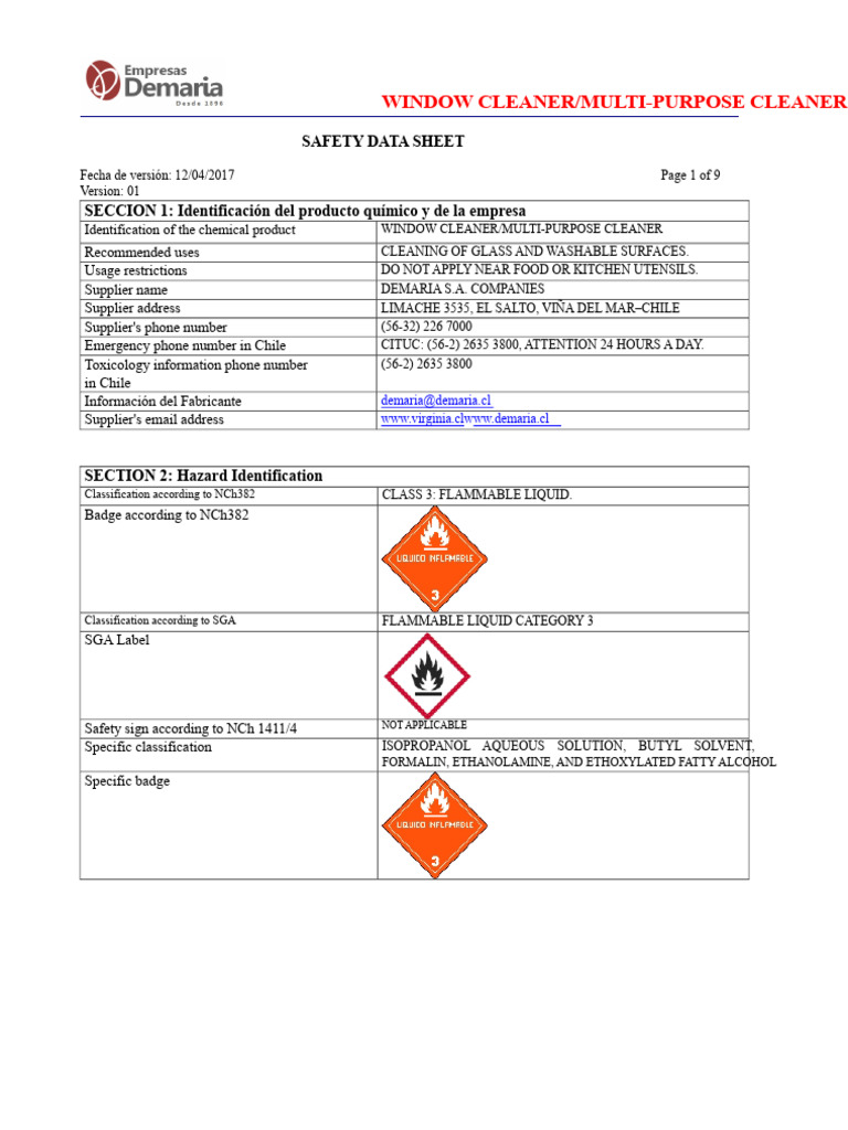 HDS WINDOW CLEANER | PDF | Combustion | Dangerous Goods