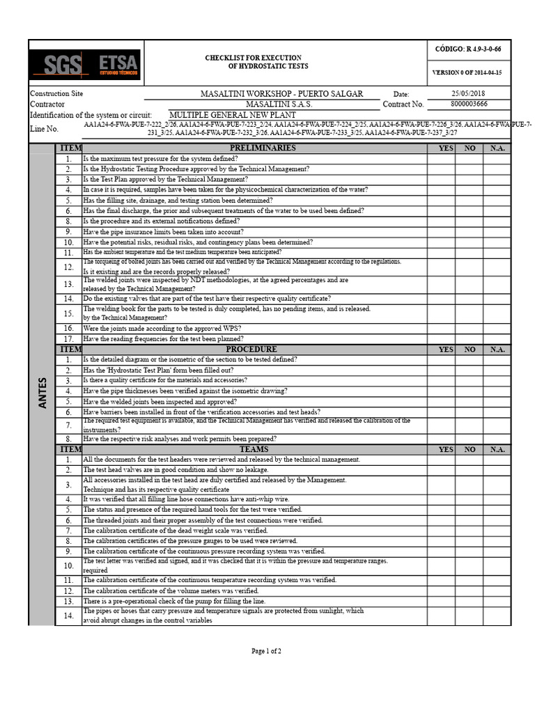 Hydrostatic Test Execution Checklist | PDF | Calibration | Mechanical ...
