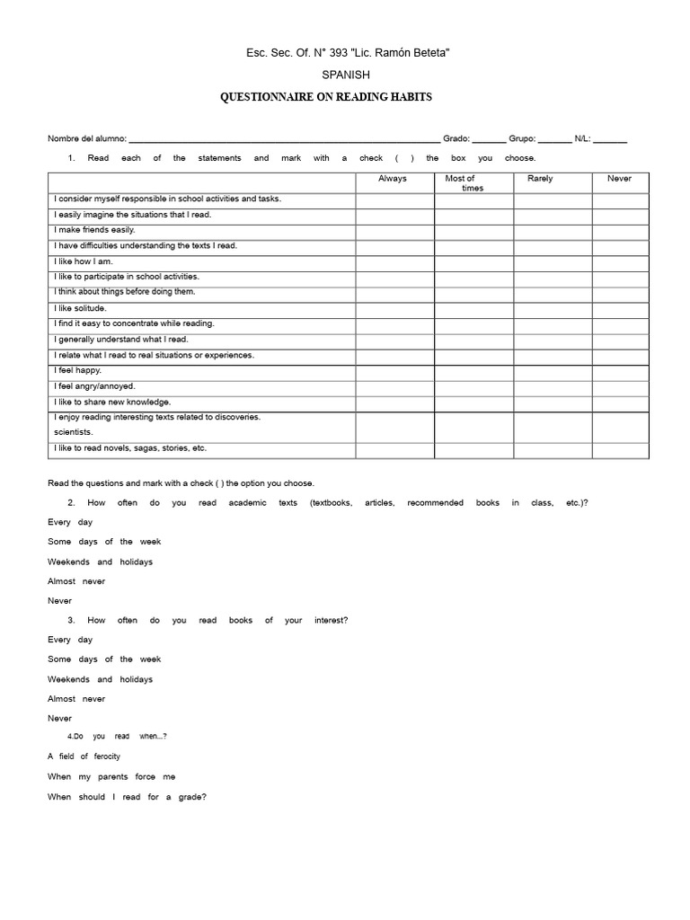 Reading Habits Questionnaire for Students | PDF | Books | Reading ...