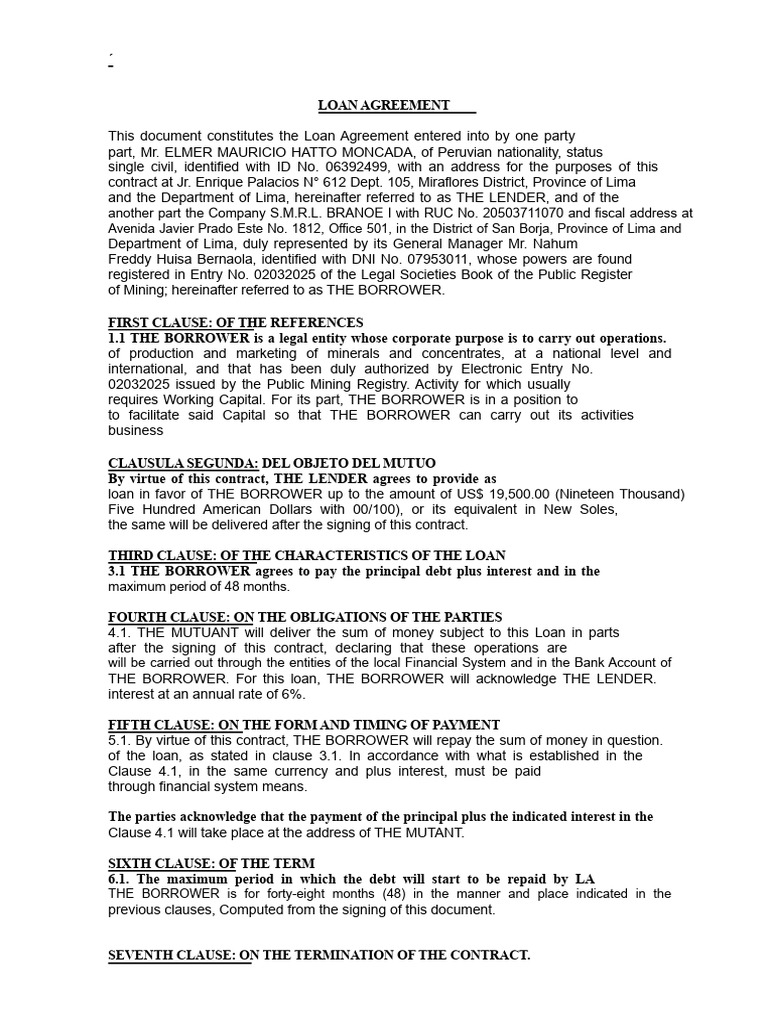 Loan Agreement Between Lender and Borrower | PDF | Loans | Interest