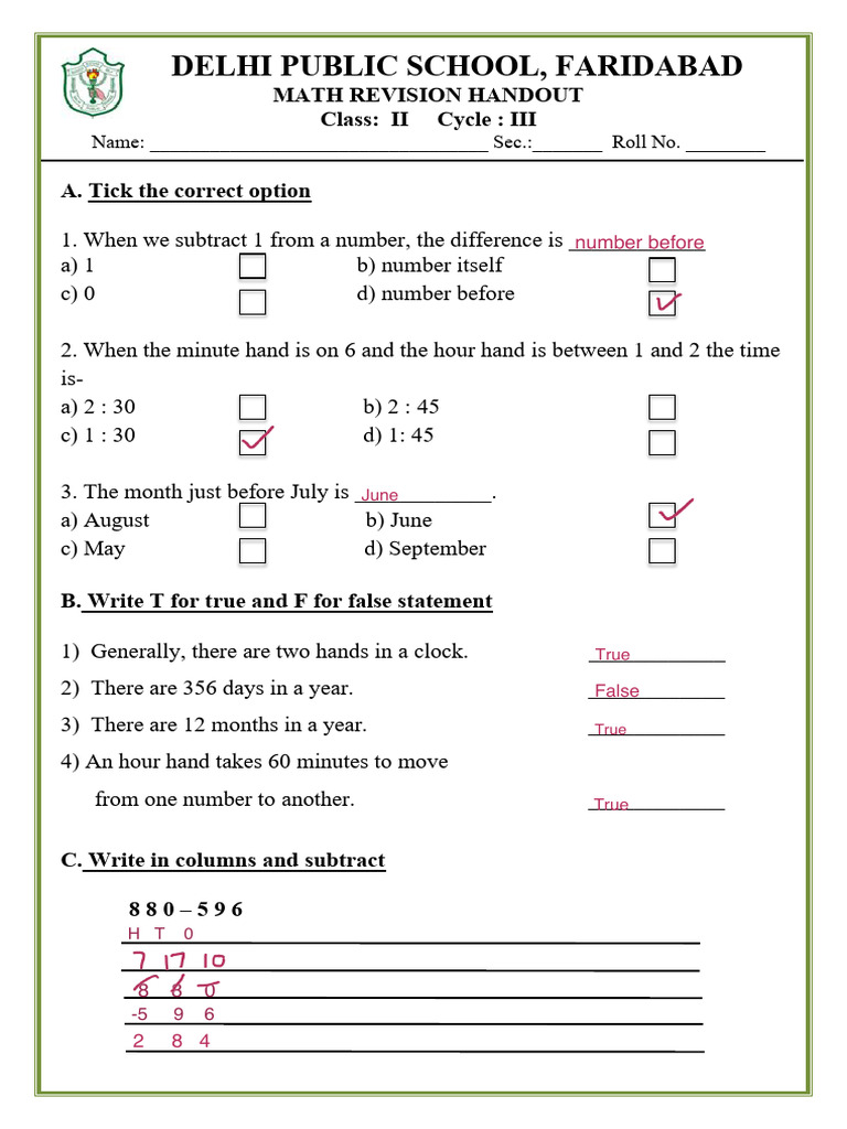 Math Revision Handout for Class II | PDF