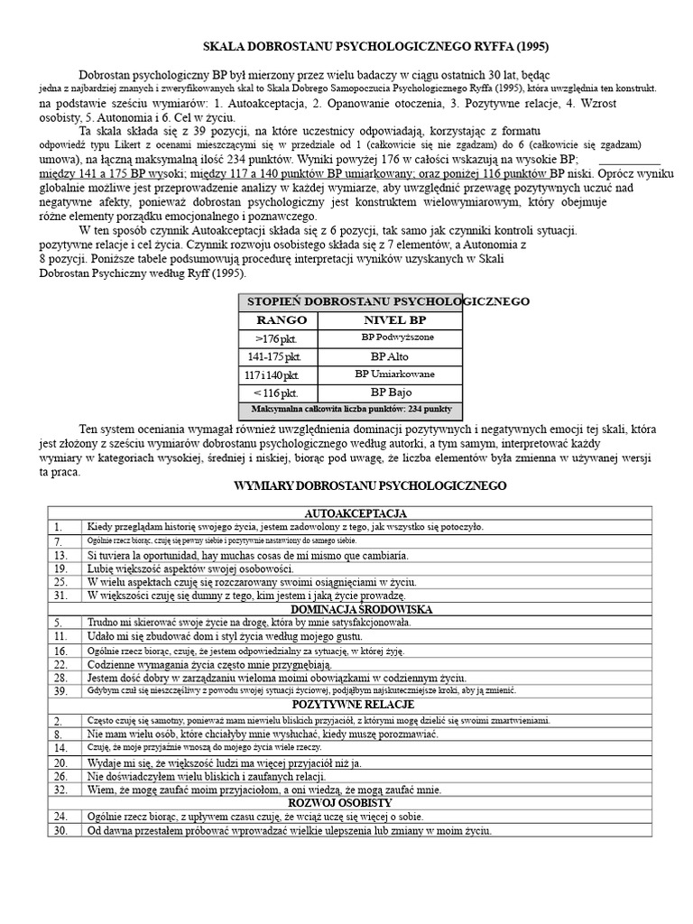 Skala Dobrostanu Psychicznego Ryffa Podręcznik | PDF