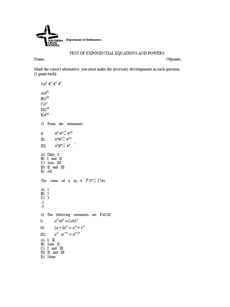 Exponential Equations Test Questions | PDF
