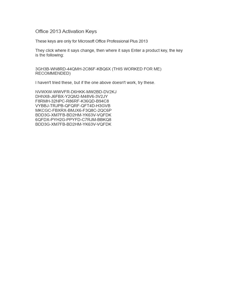 Microsoft Office 2013 Activation Keys | PDF
