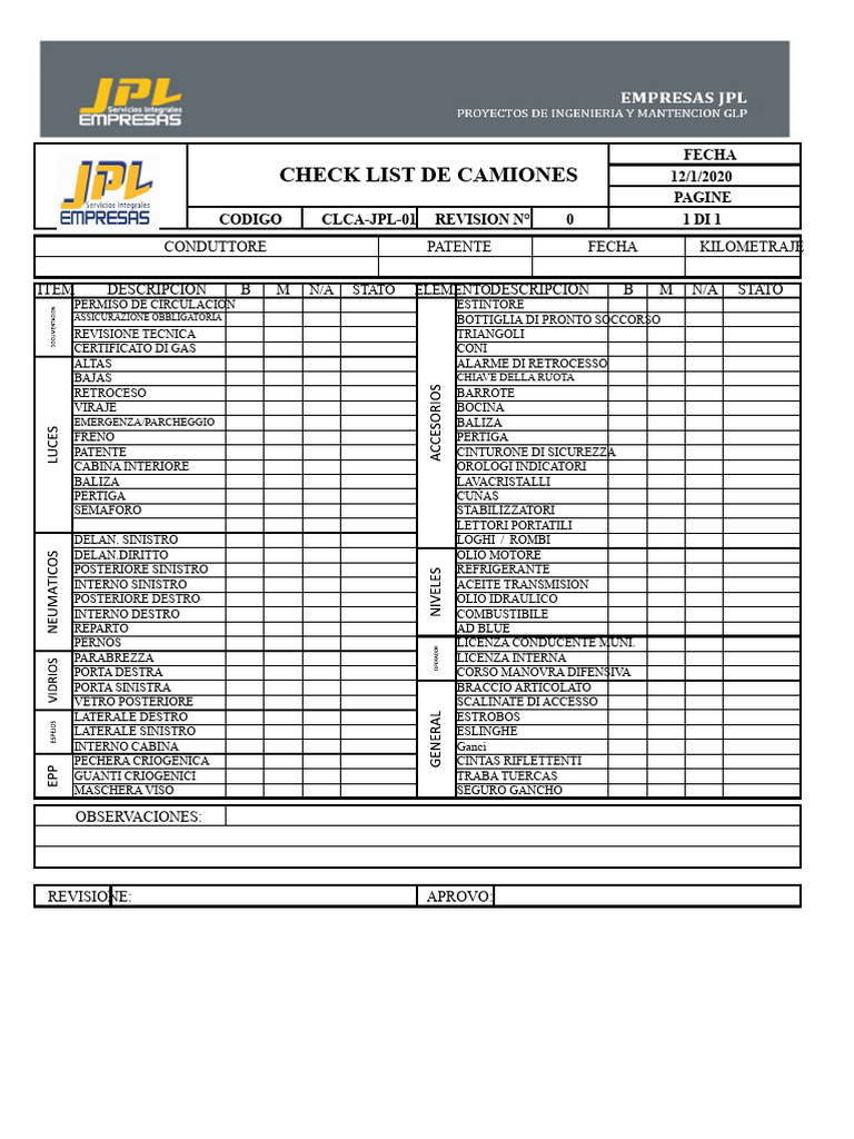 Check List Camioni Clca-Jpl-01 | PDF