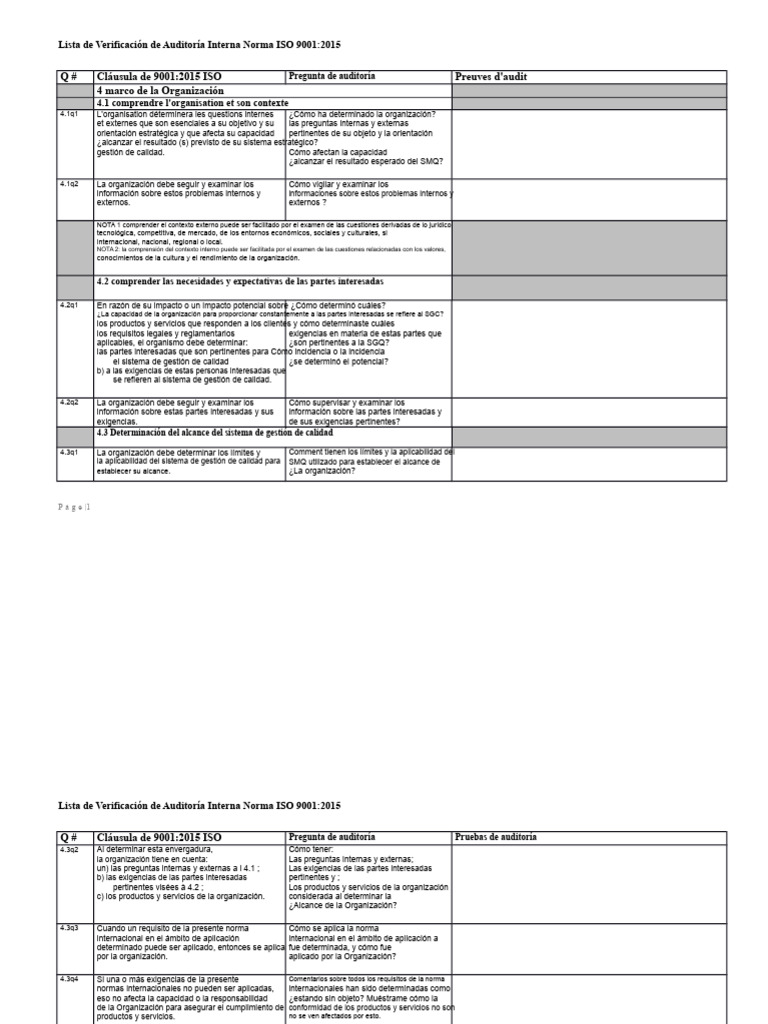 Auditoría Interna ISO 9001:2015 - Checklist | PDF | Sistema de manejo ...