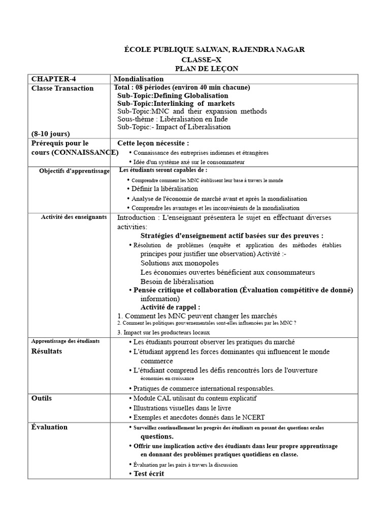 Plan de leçon sur la mondialisation | PDF | Globalisation | Économie