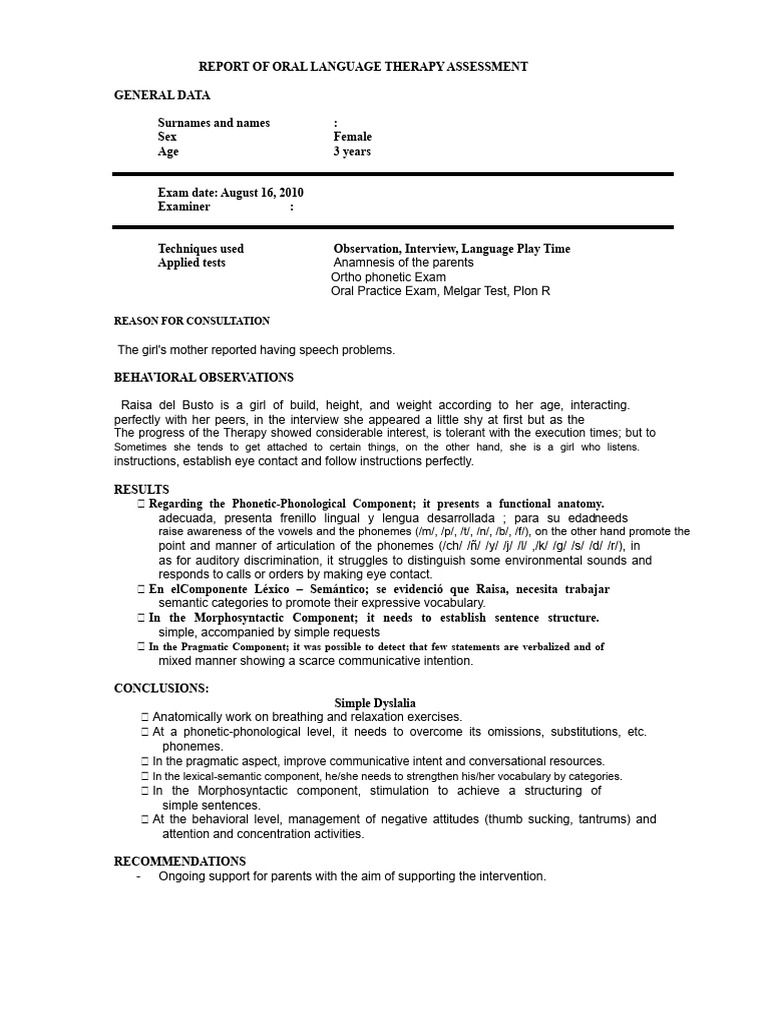Speech Therapy Evaluation Report | PDF | Speech | Phonetics