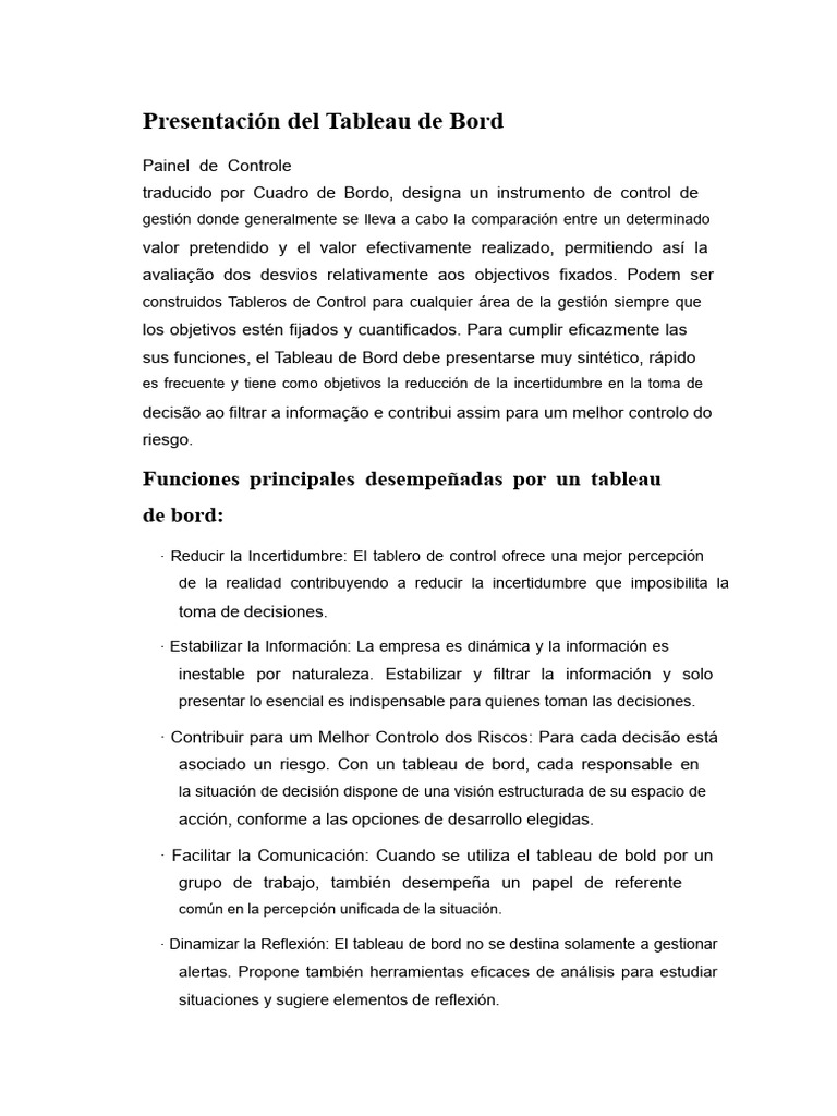 Presentación Del Tableau de Bord | PDF | Toma de decisiones | Contabilidad