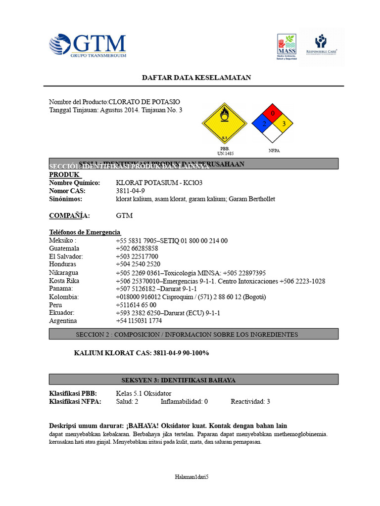 Data Keselamatan Klorat Potassium UN1485 | PDF