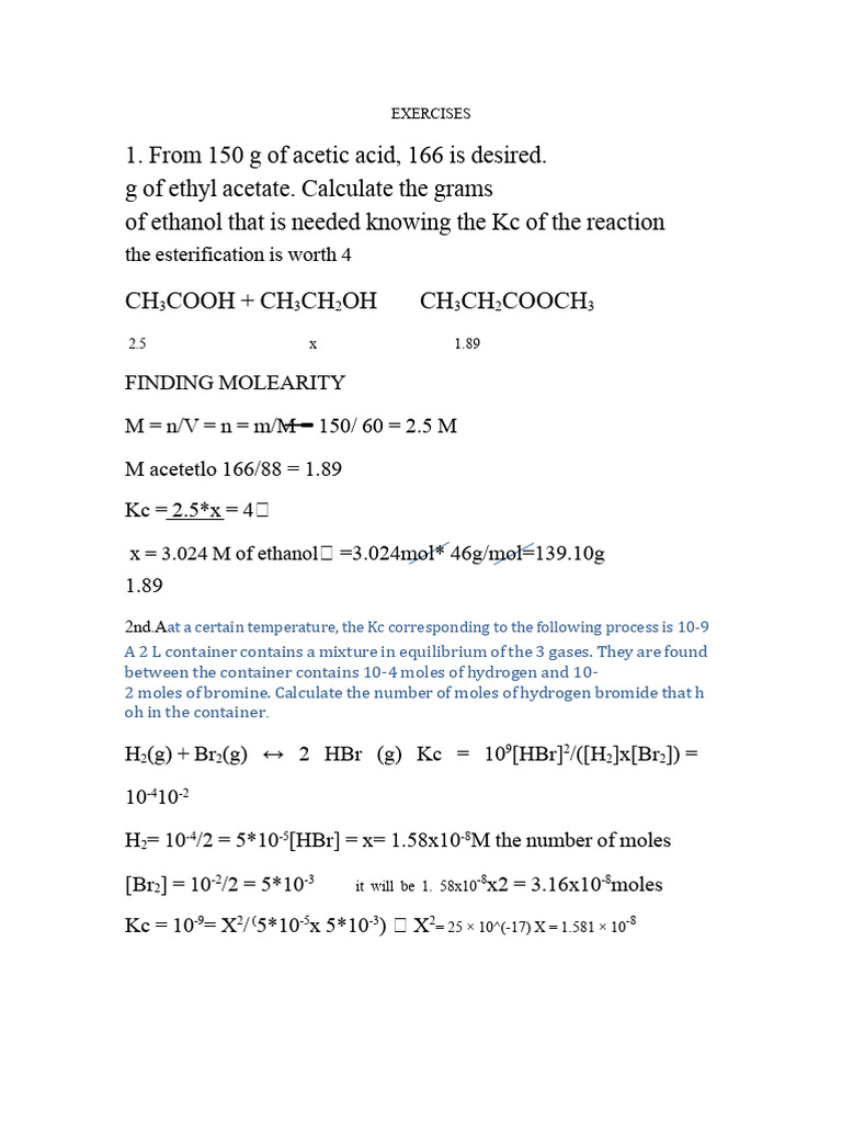 Exercises On Chemical Equilibrium | PDF | Ph | Chemical Equilibrium