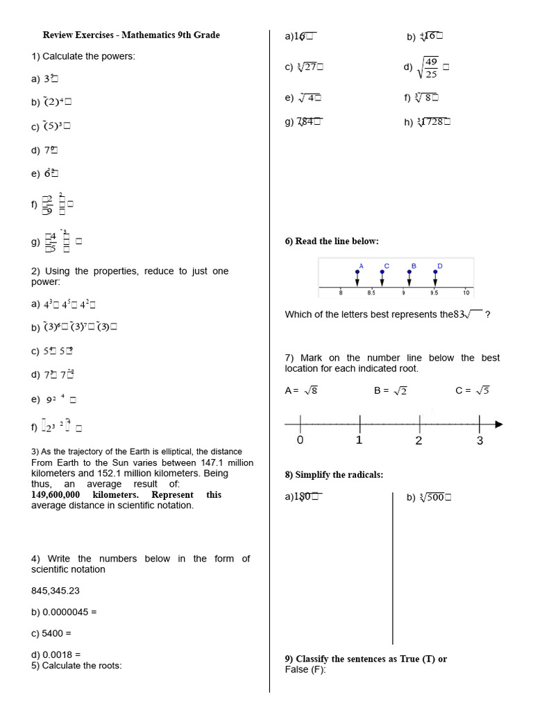 9th Grade Math Review Exercises | PDF | Multiplication | Numbers