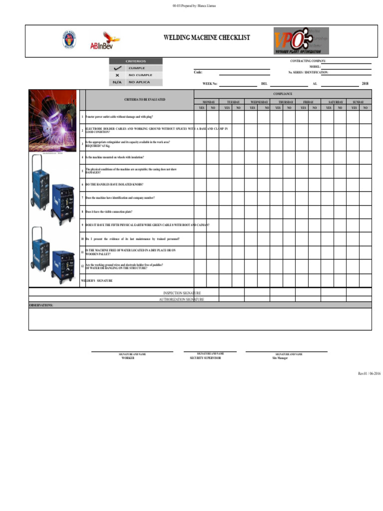 Welding Machine Safety Checklist | PDF | Welding | Construction