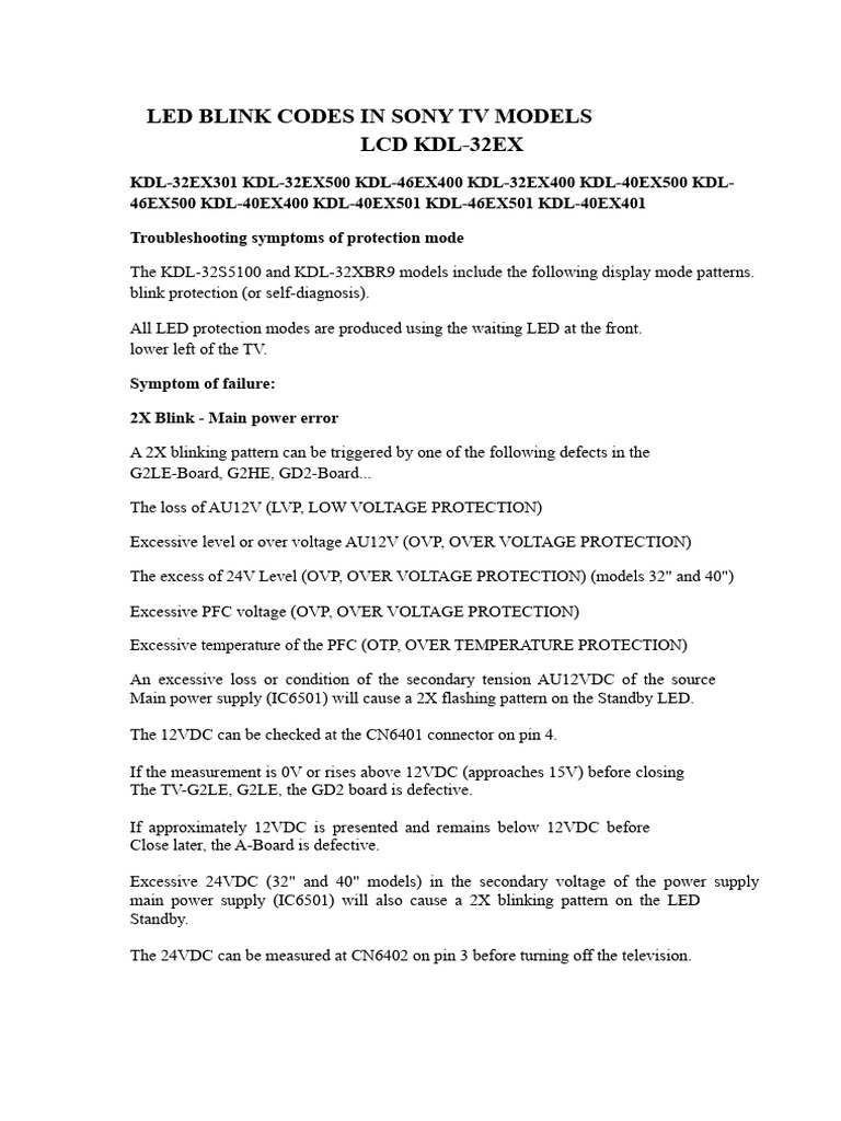 Sony TV LED Blink Codes Explained | PDF | Backlight | Power Supply