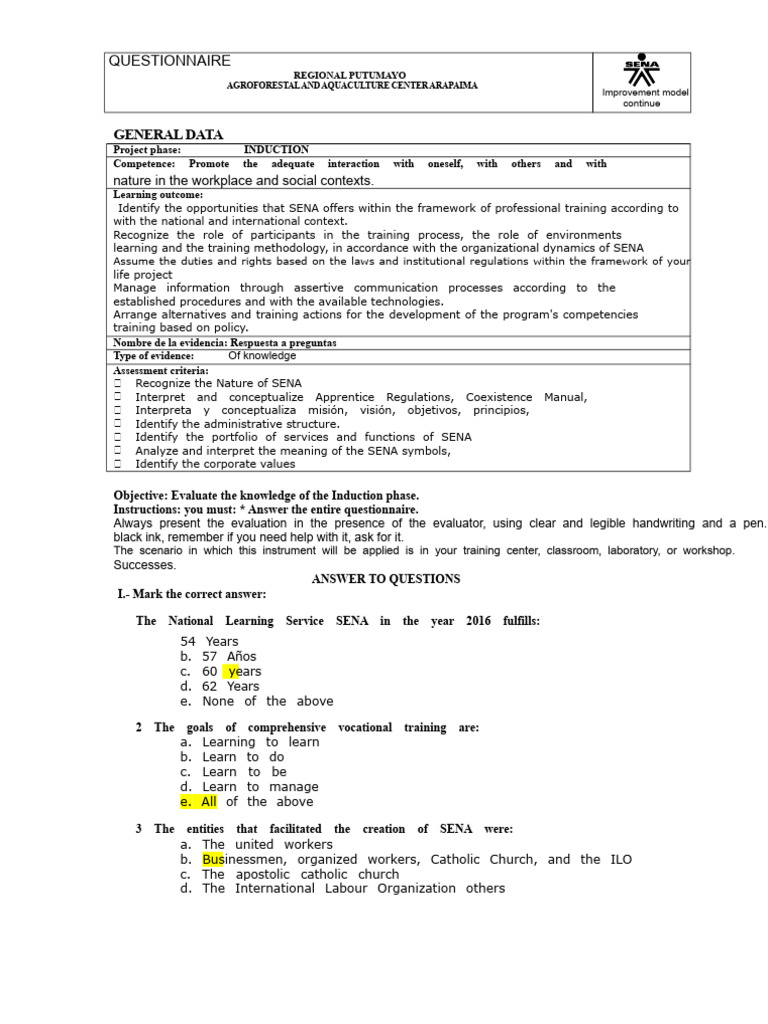SENA Induction Questionnaire for Putumayo | PDF | Vocational Education ...