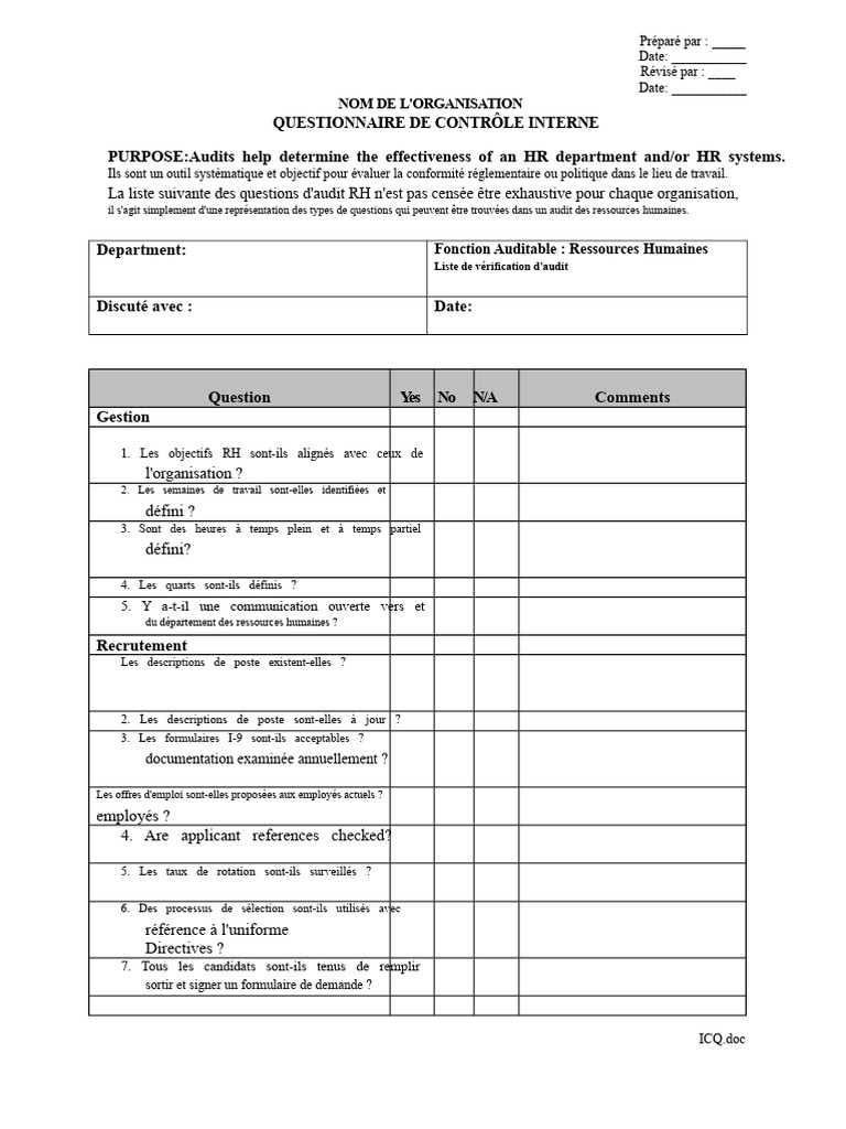 Questionnaire d'Audit des Ressources Humaines | PDF | Gestion des ...