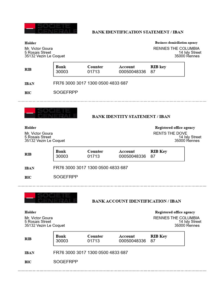Bank Counter Account RIB Key: 30003 01713 00050048336 87 FR76 3000 3017 ...