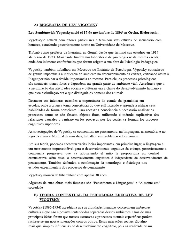 Biografia e Teoria de Vygotsky | PDF | Aprendizado | Psicologia