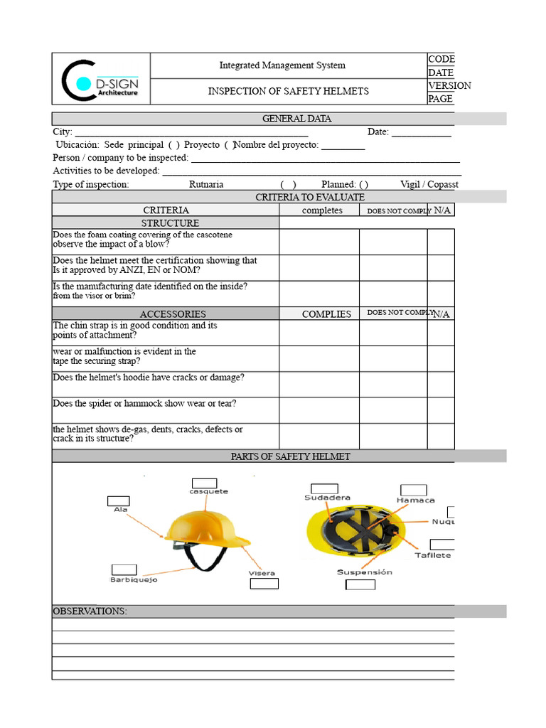Safety Helmet Inspection Checklist | PDF